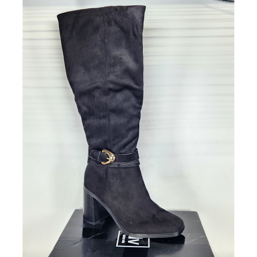 DV Dolce Vita Boots Womens Size 8.5 Black Faux Suede Wide Calf Buckle Block Heel